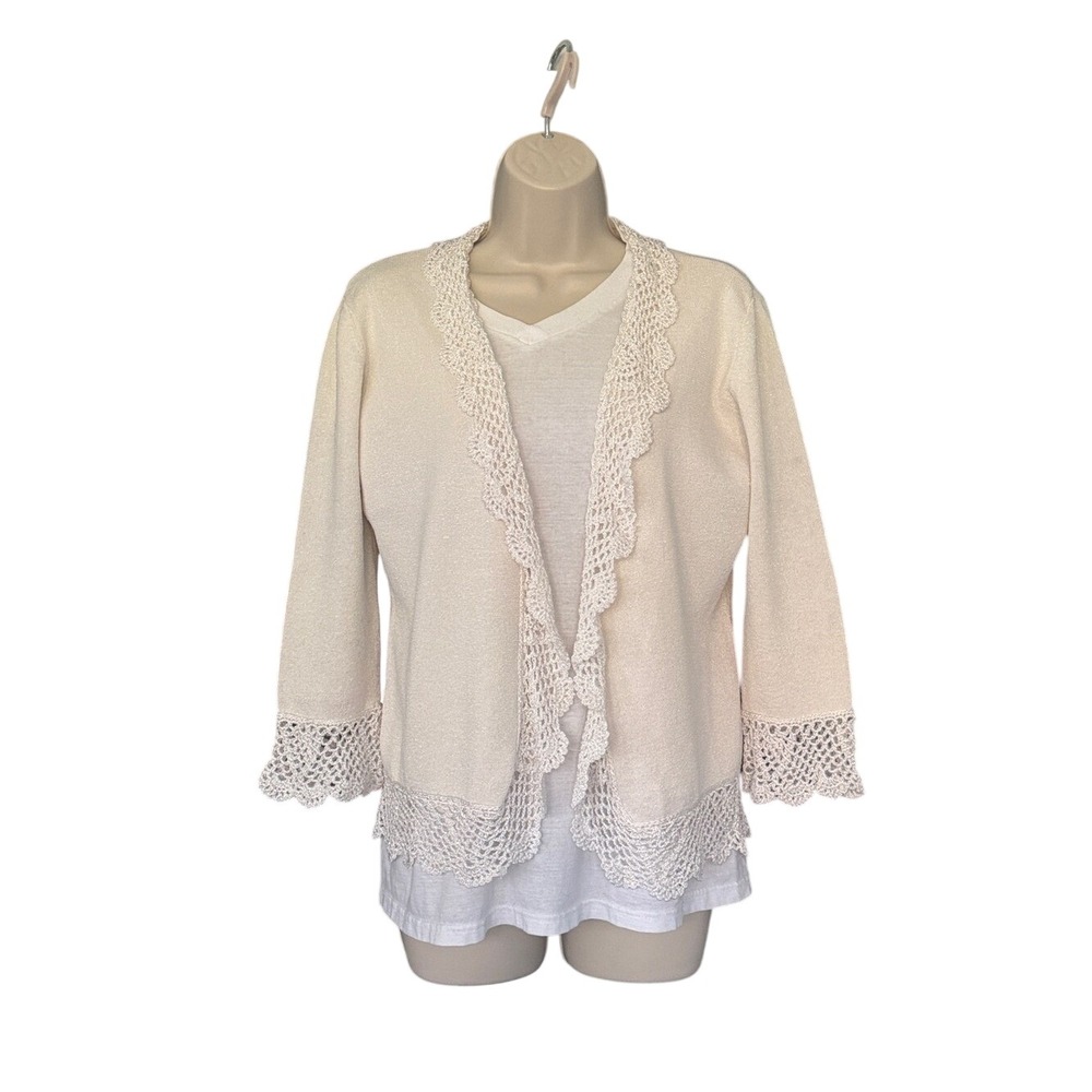 Cream Crochet-Trim Open Front‎ Cardigan
